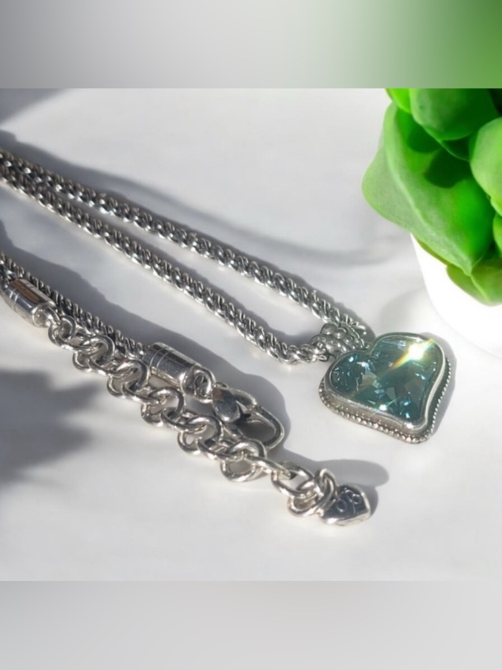 BRIGHTON Bibi Blue Swarovski Gem Heart Reversible Silver Pendant Necklace